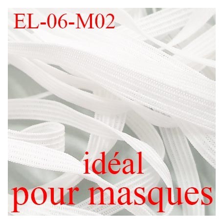Elastique 6 mm pour MASQUES lavable 60°polyamide élasthanne couleur BLANC fabriqué en France largeur 6 mm prix au mètre
