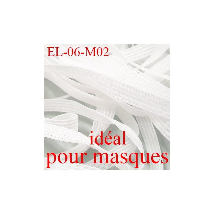 Elastique 6 mm pour MASQUES lavable 60°polyamide élasthanne couleur BLANC fabriqué en France largeur 6  mm prix au mètre