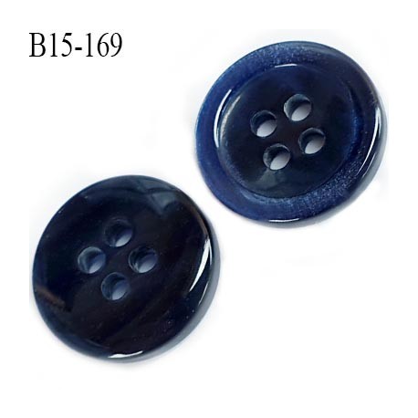 bouton 15 mm pvc haut de gamme couleur noir veiné une face et noir bleu brillant sur l'autre 4 trous diamètre 15 millimètres