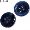 bouton 15 mm pvc haut de gamme couleur noir veiné une face et noir bleu brillant sur l'autre 4 trous diamètre 15 millimètres