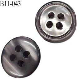 bouton 11 mm  pvc très haut gamme couleur gris marbré brillant et chromé nacré 4 trous épaisseur 3.8 mm diamètre 11 millimètres