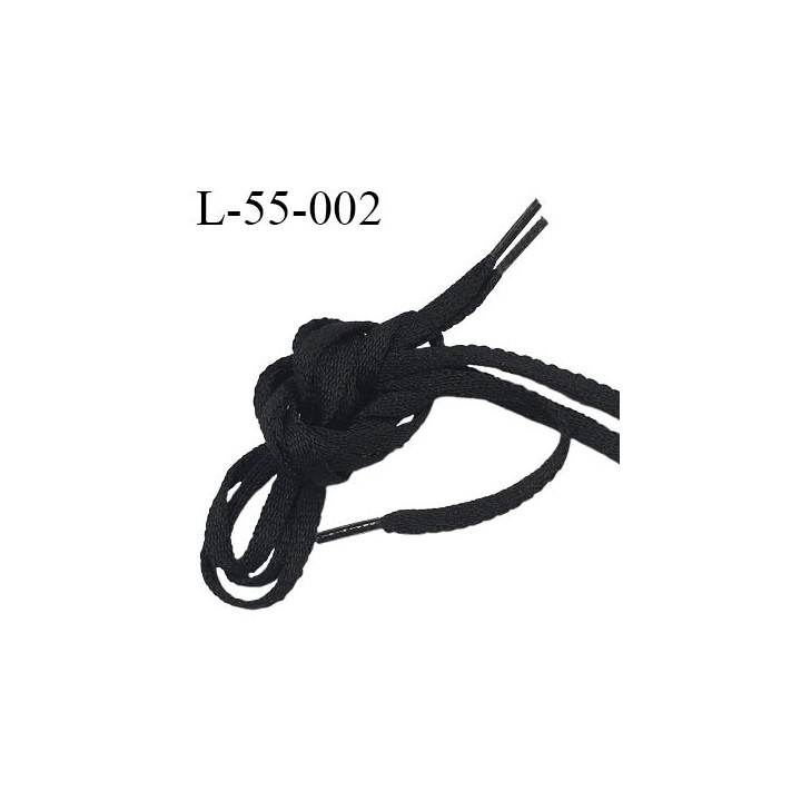 Lacet plat 55 cm couleur noir largeur 6 mm longueur 55 cm embout gainé plastique transparent fabriqué en France prix à la paire