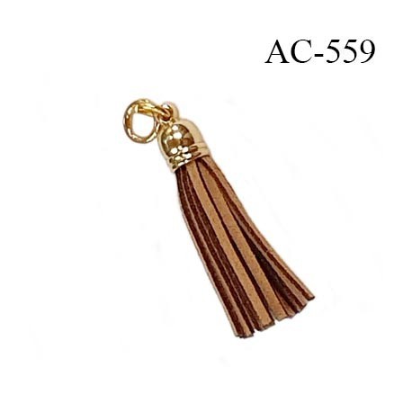 Pendentif 38 mm pompon lanière façon cuir couleur marron clair et foncé support attache anneau en métal couleur or diamètre 8 mm