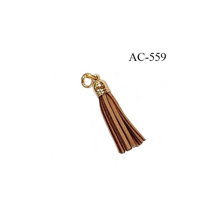 Pendentif 38 mm pompon lanière façon cuir couleur marron clair et foncé support attache anneau en métal couleur or diamètre 8 mm