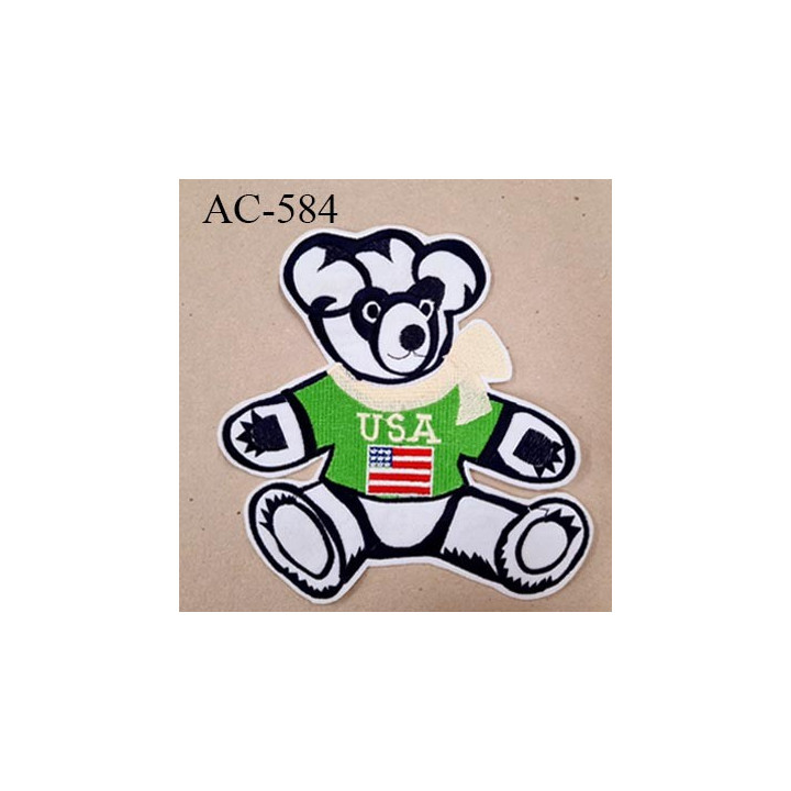 ornement applique écusson empiècement guipure OURSON USA blanc et vert à coudre
