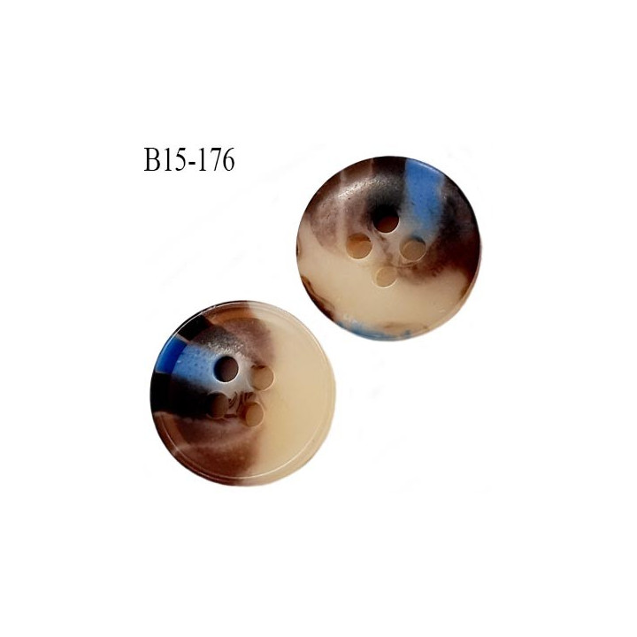 bouton 15 mm  pvc très haut de gamme couleur marron ivoire et bleu marbré 4 trous diamètre 15 millimètres