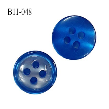 Bouton 11 mm pvc très haut de gamme couleur bleu brillant nacré 4 trous épaisseur 3.5 mm diamètre 11 millimètres
