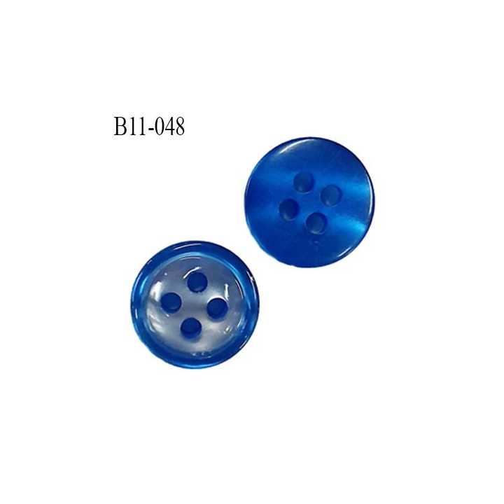 Bouton 11 mm pvc très haut de gamme couleur bleu brillant nacré 4 trous épaisseur 3.5 mm diamètre 11 millimètres