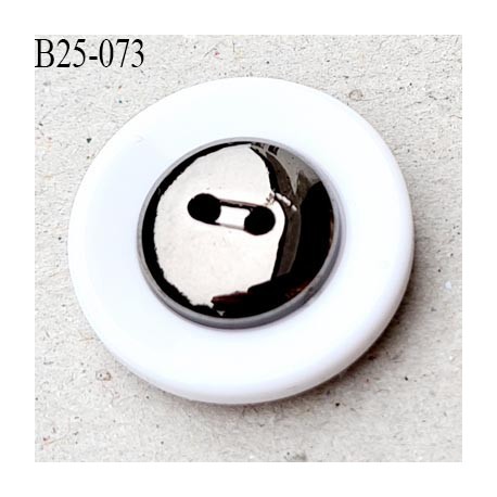 bouton 25 mm en pvc couleur chromé acier et blanc très beau 2 trous diamètre 25 millimètres épaisseur 7.5 mm