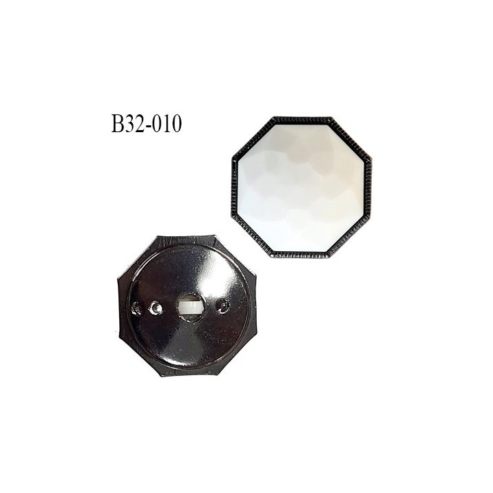 Bouton 33 mm forme octogonale dôme taillé couleur blanc et gris diamètre 33 mm épaisseur 12 mm prix à l'unité