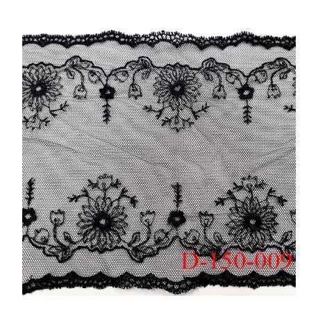 Dentelle 150 mm brodé sur tulle couleur noir haut de gamme douce agréable au touché largeur 150 mm prix au mètre