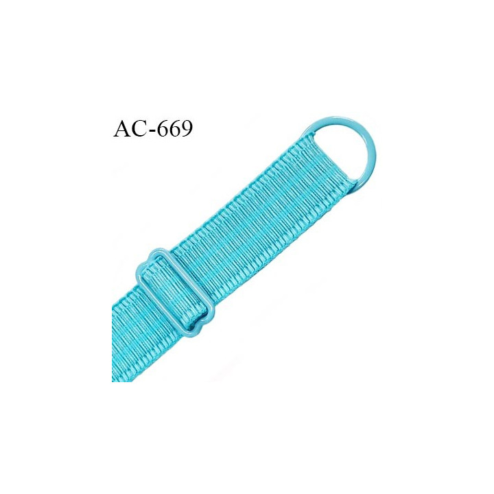 Bretelle lingerie 16 mm haut  gamme turquoise lagon avec 1 barrette + 1 anneau métal thermolaqué longueur 43 cm prix à l'unité