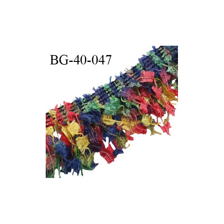 Galon franges 40 mm effet plumes multicolore rouge jaune bleu et vert largeur bande 10 mm + 30 mm de franges prix au mètre