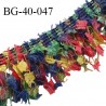 Galon franges 40 mm effet plumes multicolore rouge jaune bleu et vert largeur bande 10 mm + 30 mm de franges prix au mètre