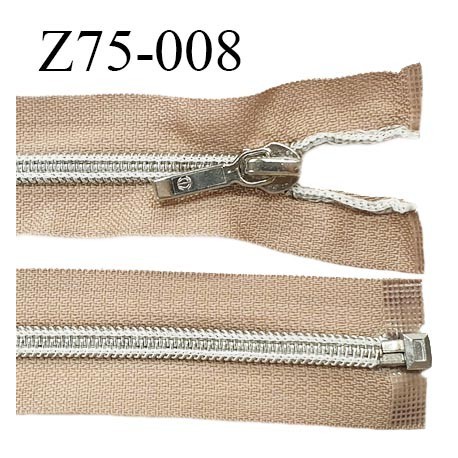 Fermeture zip 75 cm séparable glissière argentée torsadée largeur 7 mm curseur métal couleur sable largeur 3.2 cm prix à l'unité