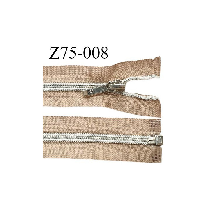 Fermeture zip 75 cm séparable glissière argentée torsadée largeur 7 mm curseur métal couleur sable largeur 3.2 cm prix à l'unité