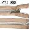 Fermeture zip 75 cm séparable glissière argentée torsadée largeur 7 mm curseur métal couleur sable largeur 3.2 cm prix à l'unité