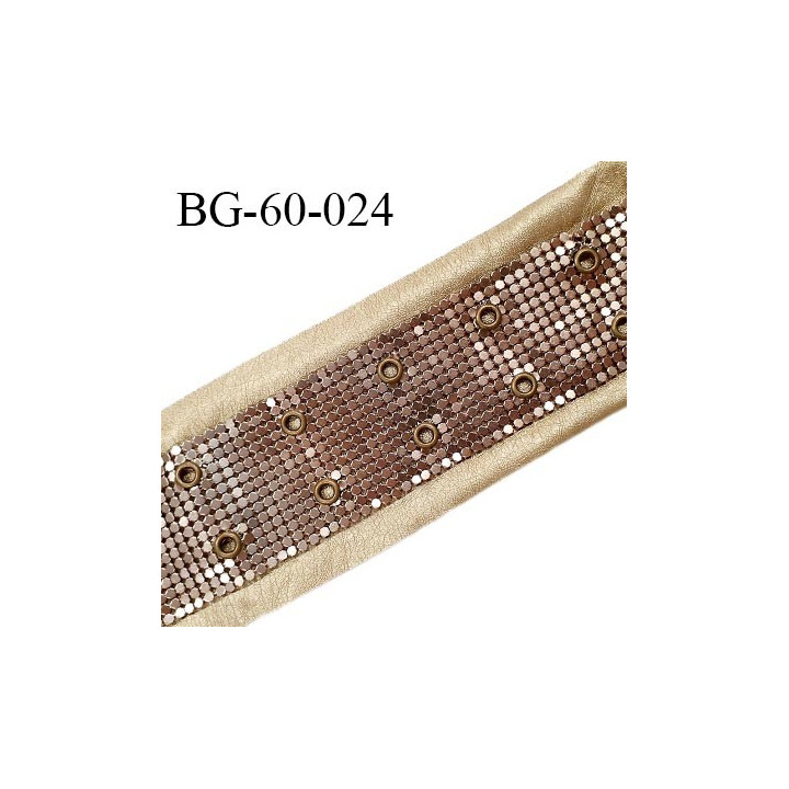 Galon 65 mm décor couleur doré imitation cuir et sequins métal couleur cuivre avec 2 oeillets tous les 2.5 cm prix au mètre