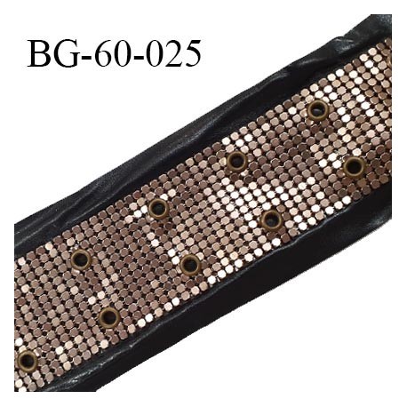 Galon 65 mm décor couleur noir imitation cuir et sequins métal couleur cuivre avec 2 oeillets tous les 2.5 cm prix au mètre