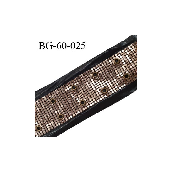 Galon 65 mm décor couleur noir imitation cuir et sequins métal couleur cuivre avec 2 oeillets tous les 2.5 cm prix au mètre