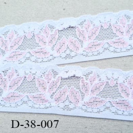 Dentelle 38 mm lycra extensible motif fleur largeur 38 mm couleur blanc et rose superbe prix au mètre