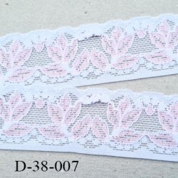 Dentelle 38 mm lycra extensible motif fleur largeur 38 mm couleur blanc et rose superbe prix au mètre