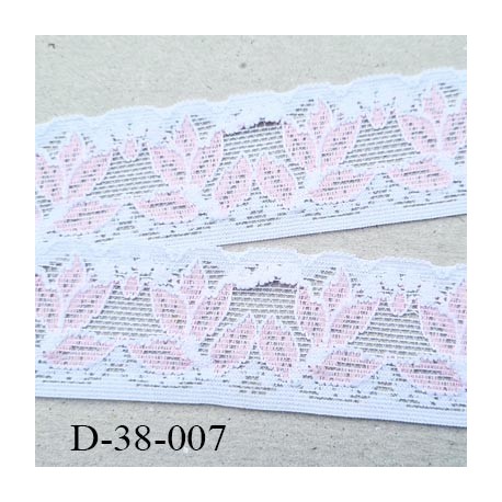 Dentelle 38 mm lycra extensible motif fleur largeur 38 mm couleur blanc et rose superbe prix au mètre