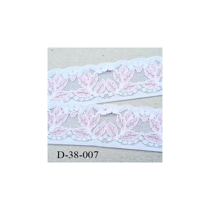 Dentelle 38 mm lycra extensible motif fleur largeur 38 mm couleur blanc et rose superbe prix au mètre