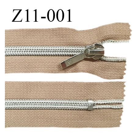 Fermeture zip 11 cm non séparable glissière argentée torsadée largeur 7 mm curseur métal couleur sable prix à l'unité