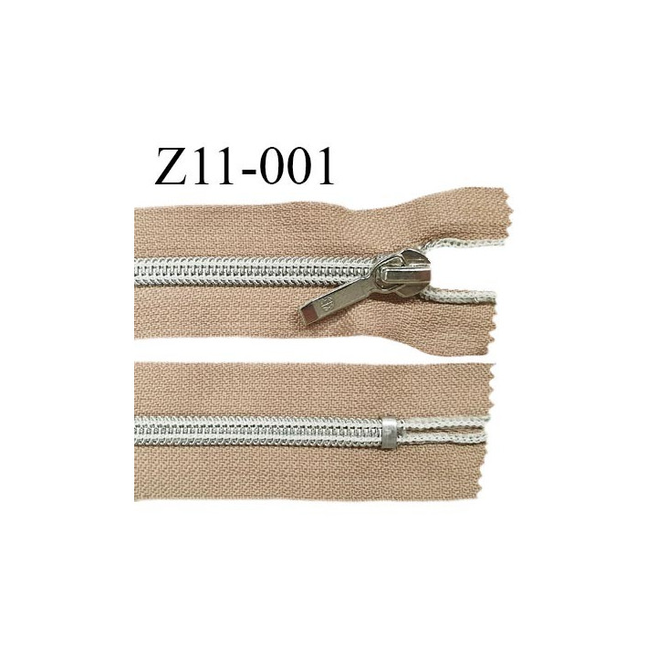 Fermeture zip 11 cm non séparable glissière argentée torsadée largeur 7 mm curseur métal couleur sable prix à l'unité