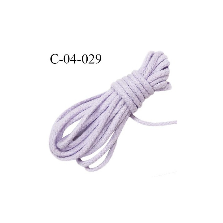 Cordon 4 mm en coton et synthétique très solide couleur lilas diamètre 4 mm prix au mètre