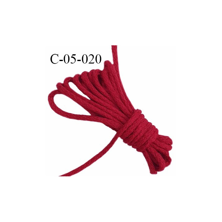 Cordon 5 mm en coton et synthétique très solide couleur rouge bordeaux diamètre 5 mm prix au mètre