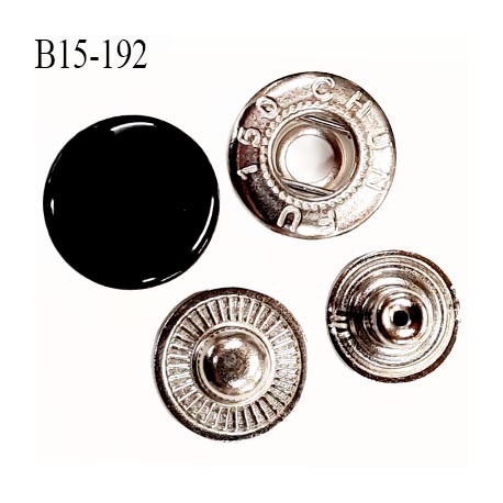 Bouton 15 mm pression composé de 4 éléments diamètre 15 mm en métal couleur noir laqué