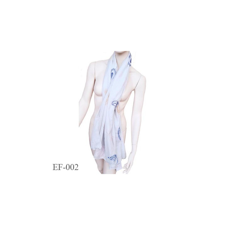 Echarpe de marque longueur 170 cm largeur 100 cm couleur gris clair et motifs bleu rose jaune et corail 100 % coton