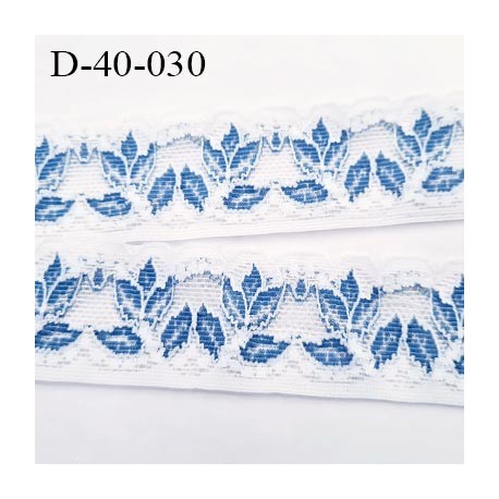 Dentelle 40 mm lycra extensible couleur blanc et fleurs bleu largeur 40 mm prix au mètre