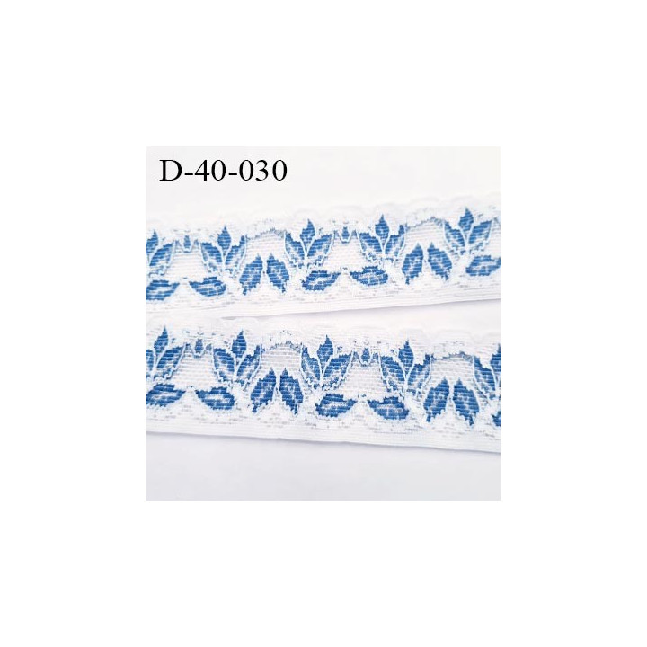 Dentelle 40 mm lycra extensible couleur blanc et fleurs bleu largeur 40 mm prix au mètre