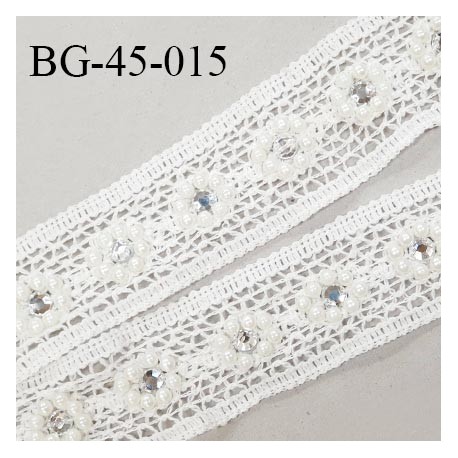 Galon crochet 45 mm en coton couleur écru avec perles et strass largeur 45 mm prix au mètre