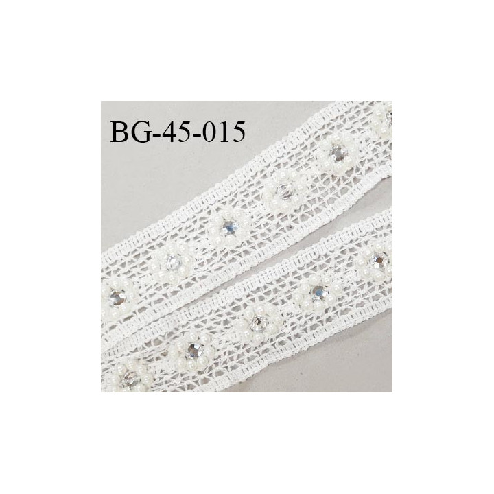 Galon crochet 45 mm en coton couleur écru avec perles et strass largeur 45 mm prix au mètre