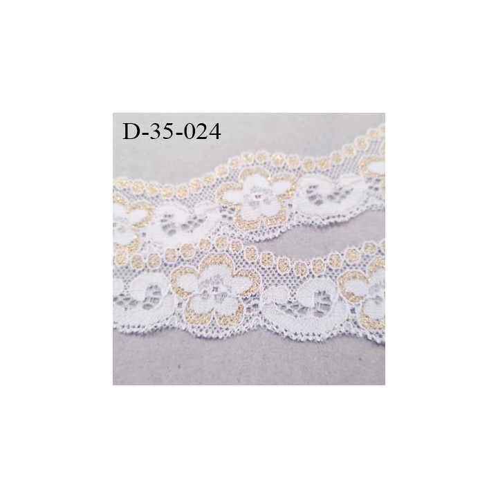 Dentelle 35 mm lycra extensible couleur blanc et or motifs fleurs largeur 35 mm prix au mètre