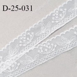 Dentelle brodée 25 mm en lycra extensible très haut de gamme avec broderie motifs fleurs couleur blanc prix au mètre