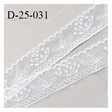 Dentelle brodée 25 mm en lycra extensible très haut de gamme avec broderie motifs fleurs couleur blanc prix au mètre