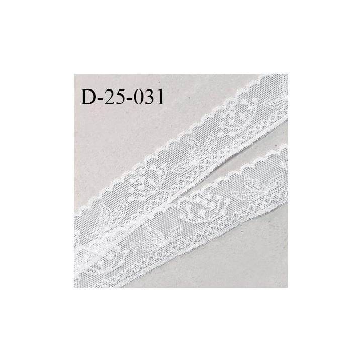 Dentelle brodée 25 mm en lycra extensible très haut de gamme avec broderie motifs fleurs couleur blanc prix au mètre