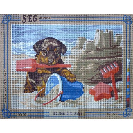 canevas 40x50 marque SEG DE PARIS chien toutou a la plage dimension 40 centimètres par 50 centimètres 100 % coton