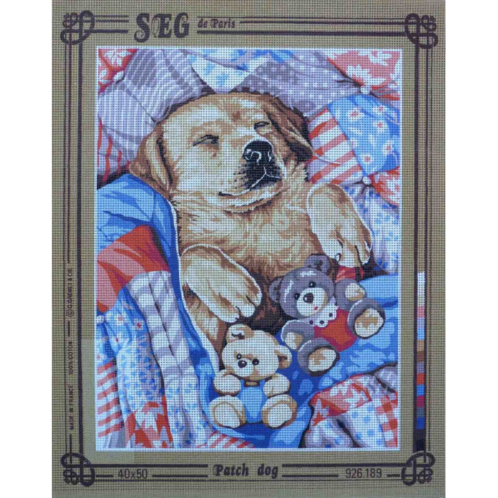 canevas 40x50 marque SEG DE PARIS chien  patch dog dimension 40 centimètres par 50 centimètres 100 % coton