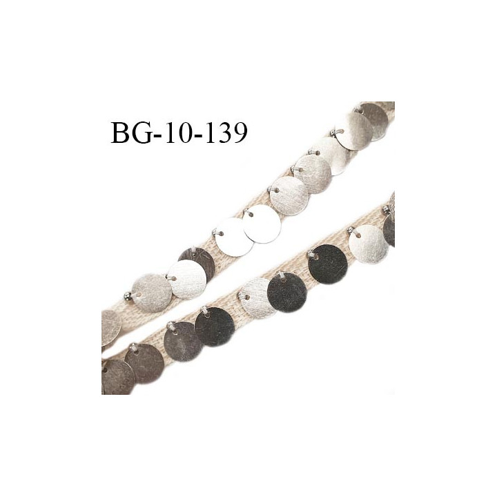 Galon ruban 10 mm sergé couleur beige avec sequins cousus couleur chrome prix au mètre