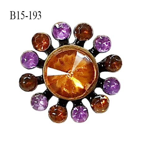 Bouton strass 15 mm brillant en métal couleur laiton et strass couleur orange et parme prix à l'unité