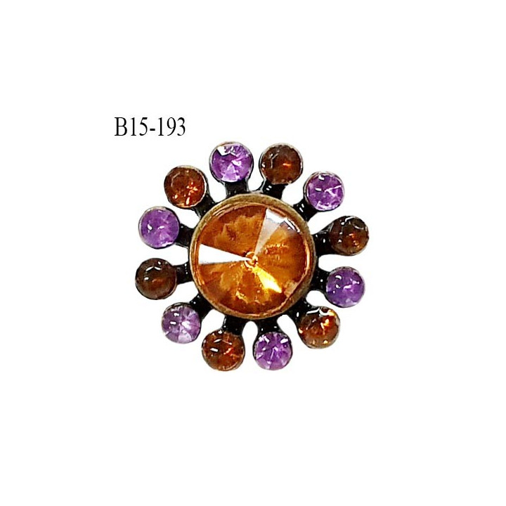 Bouton strass 15 mm brillant en métal couleur laiton et strass couleur orange et parme prix à l'unité