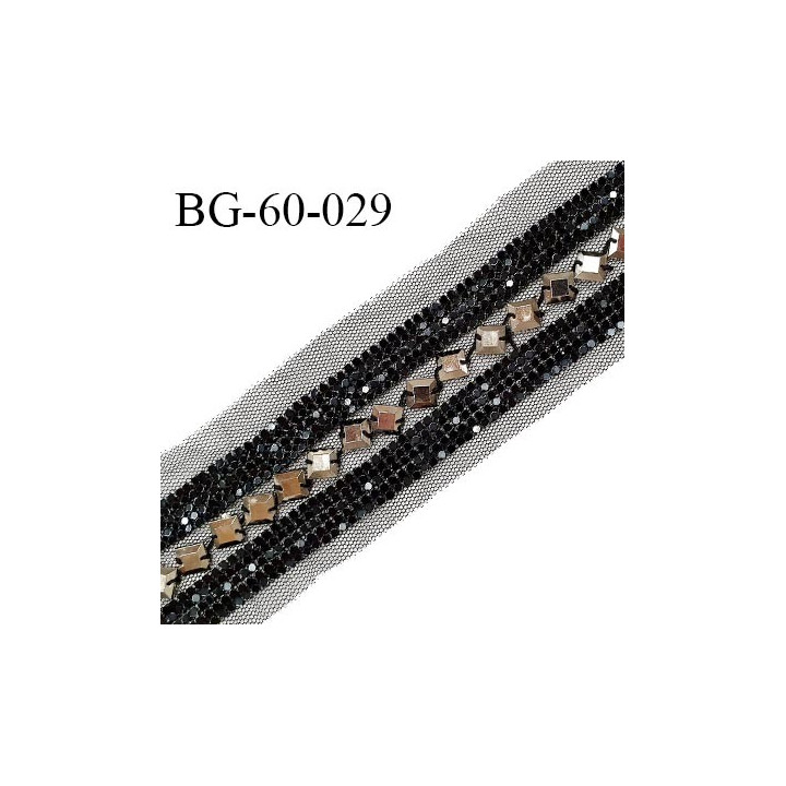 Galon 60 mm décor sequins couleur noir et métal cousus sur une bande de tulle noir prix au mètre