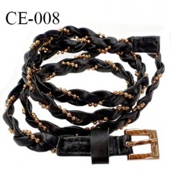 Ceinture 95 cm façon cuir tressé couleur noir avec bride perlée couleur or et boucle couleur or prix à l'unité