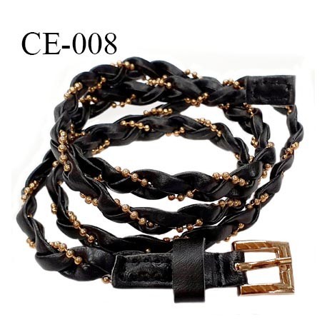 Ceinture 95 cm façon cuir tressé couleur noir avec bride perlée couleur or et boucle couleur or prix à l'unité